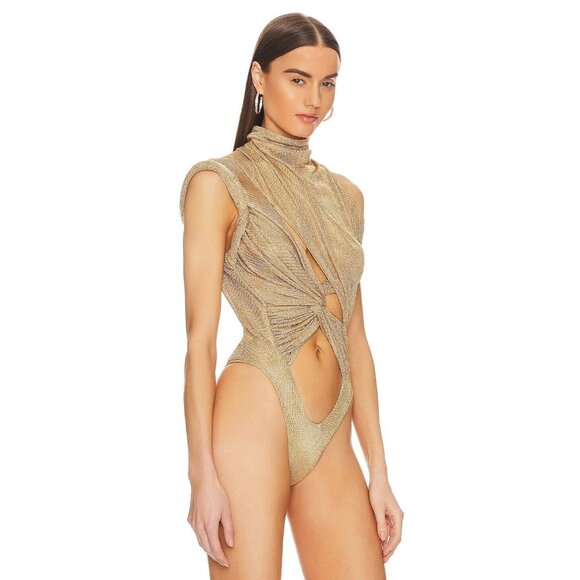 LaQuan Smith Hand Draped Geometric Bodysuit in Gold - Picture 3 of 5